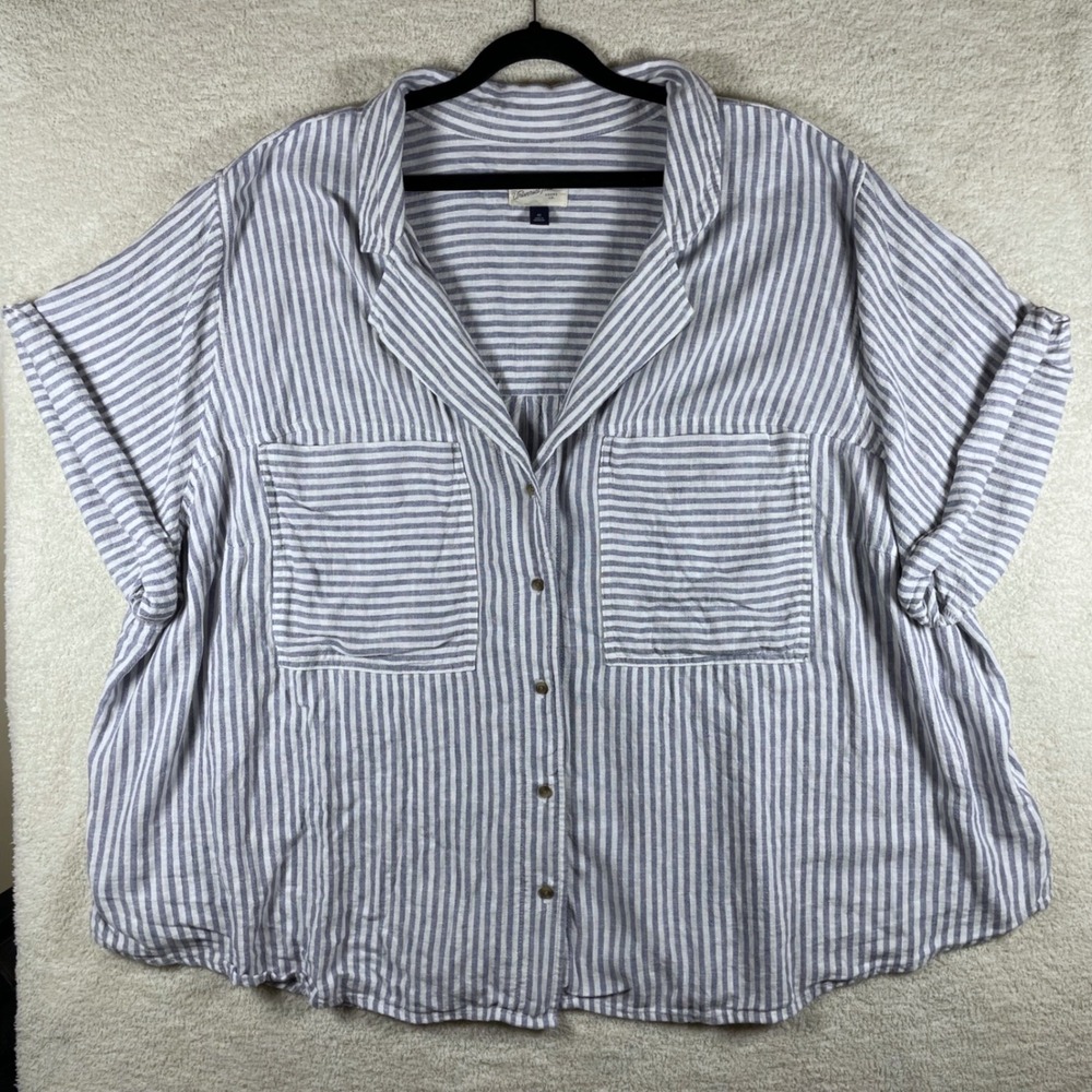 cottagecore button linen shirt blue stripe ss camp shirt 4X coastal grandmother